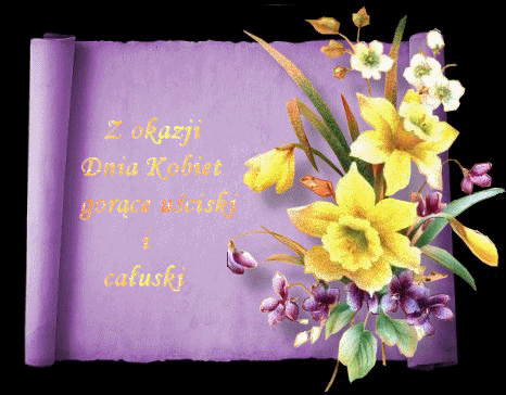 Fioletowa kartka gorące uściski i całuski z okazji dnia kobiet